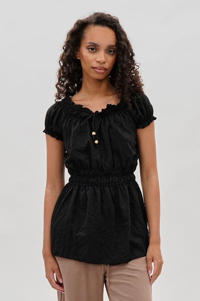 Runaway Bay Cinched Short Sleeve Blouse - Black - Womens Shirts & Blouses - Fairweather