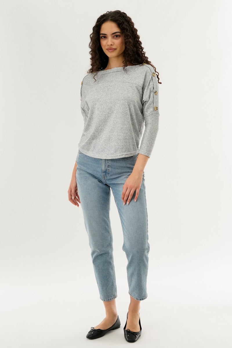 International INC Company Boat Neck Shoulder Button Pullover Sweater - Grey - Womens Pullover Sweaters - Fairweather