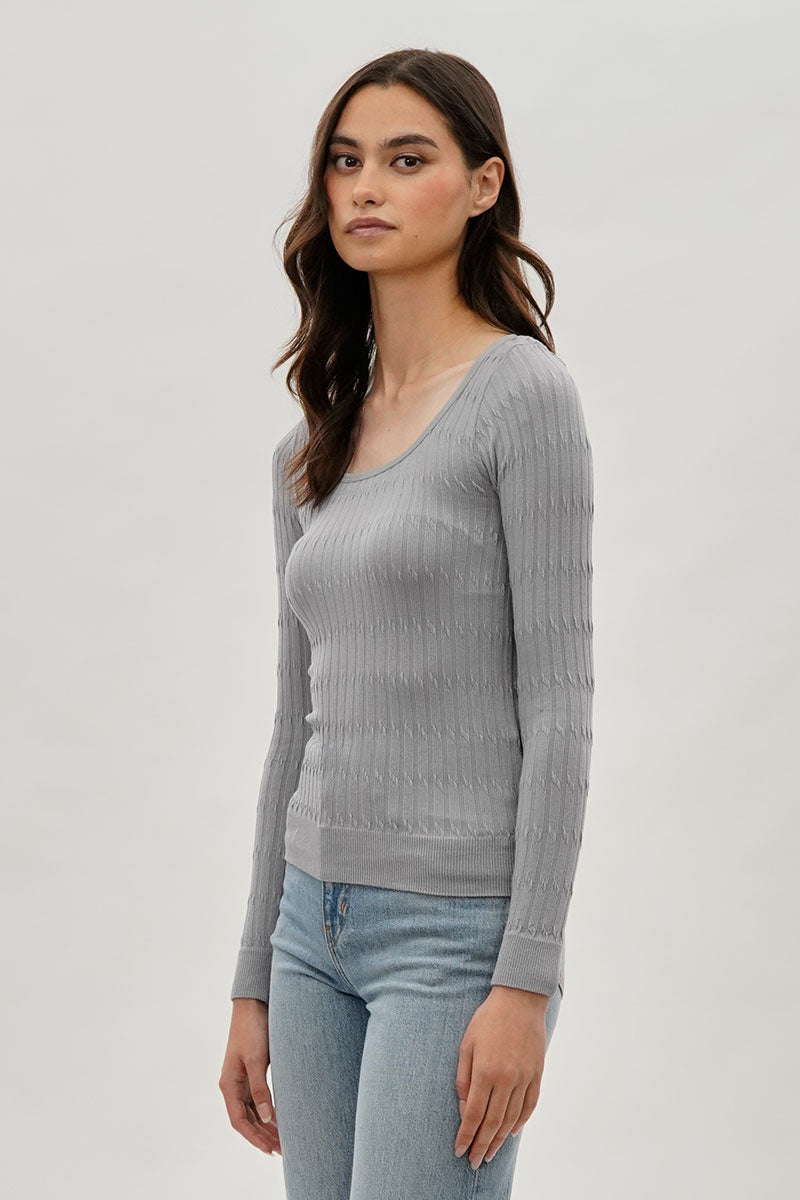 International INC Company Ribbed Scoop Neck Long Sleeve Top - Grey - Womens Long Sleeve Tops - Fairweather