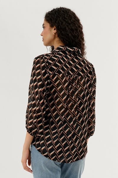 Costa Blanca Patterned Sheer Button Down Blouse - Black