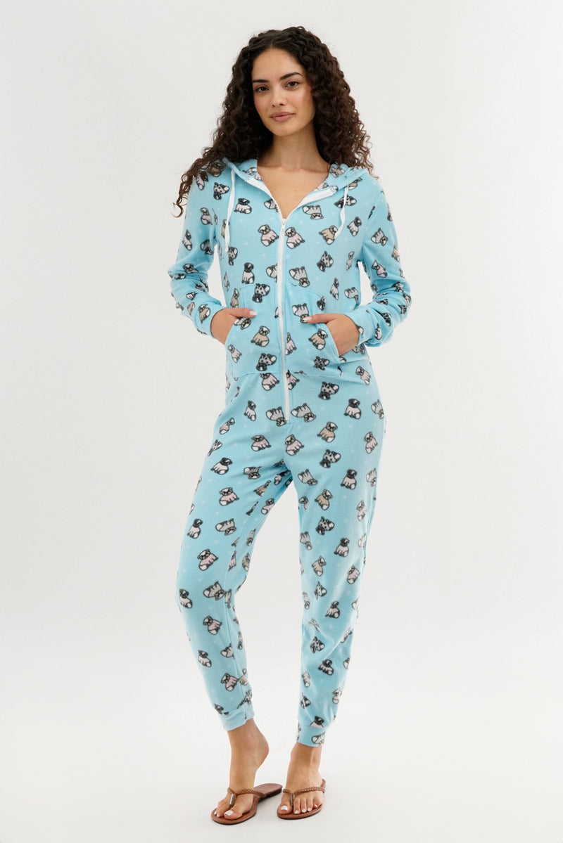 Canada Weather Gear Pug Print Fleece Onesie - Aqua - Womens Onesies - Fairweather
