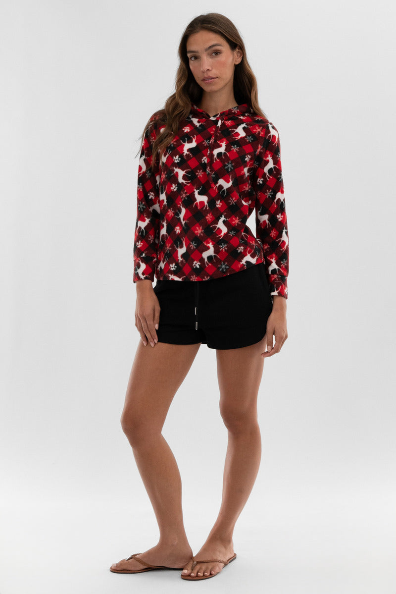 Canada Weather Gear Festive Print Hooded Pajama Top - Red - Womens Pajamas - Fairweather
