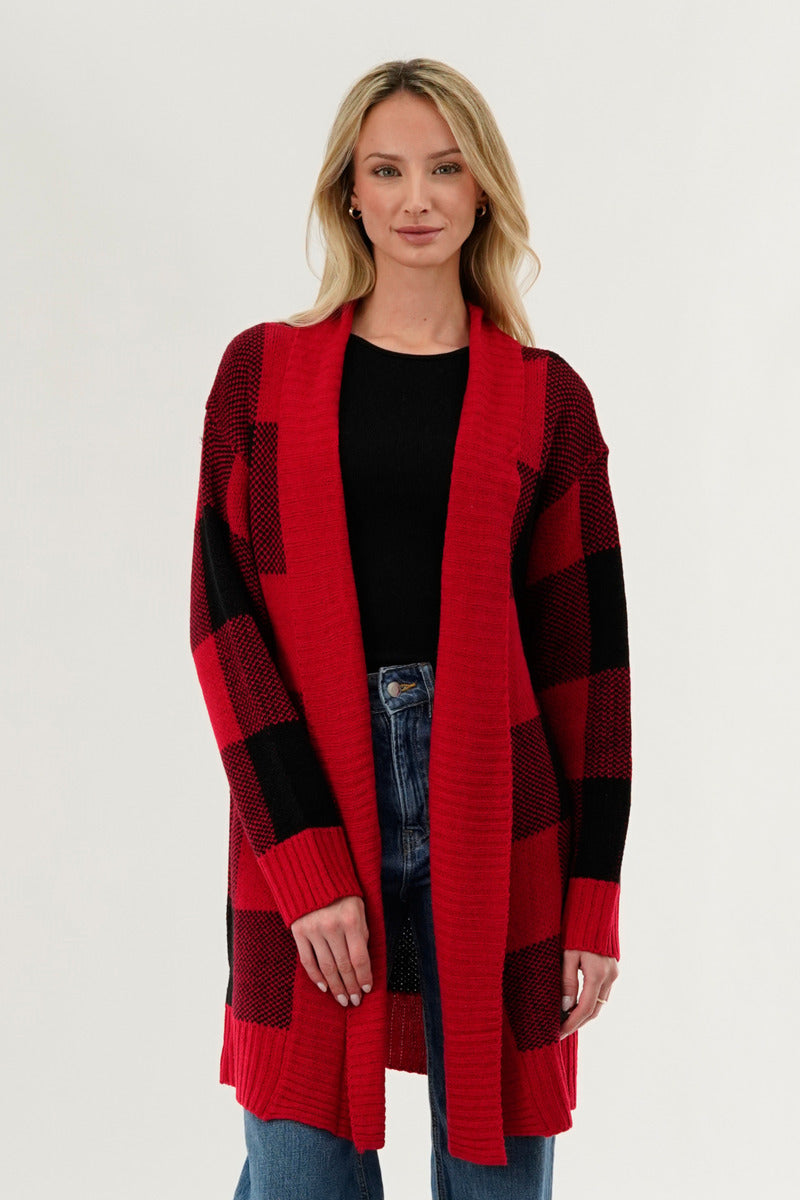 Canada Weather Gear Plaid Knit Fold Over Cardigan - Red - Womens Cardigans - Fairweather