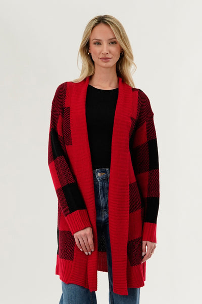 Canada Weather Gear Plaid Knit Fold Over Cardigan - Red - Womens Cardigans - Fairweather
