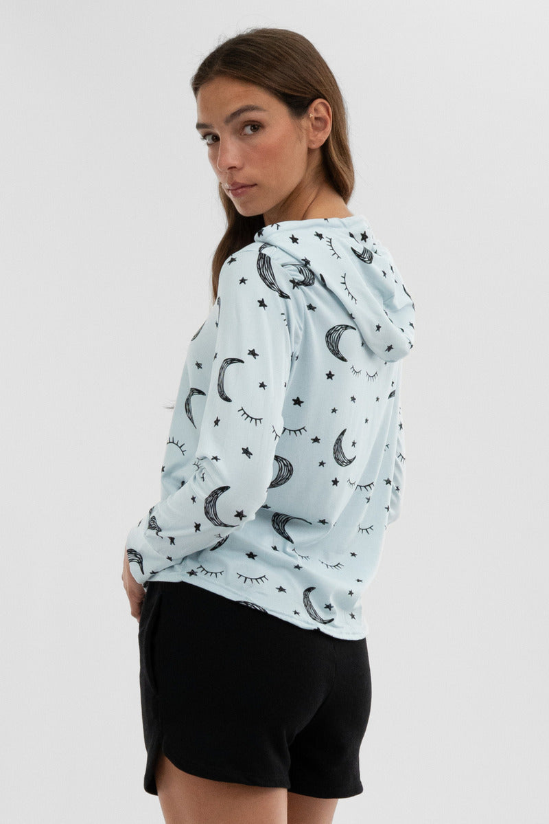 Canada Weather Gear Moon Print Hooded Pajama Top - Blue - Womens Pajamas - Fairweather