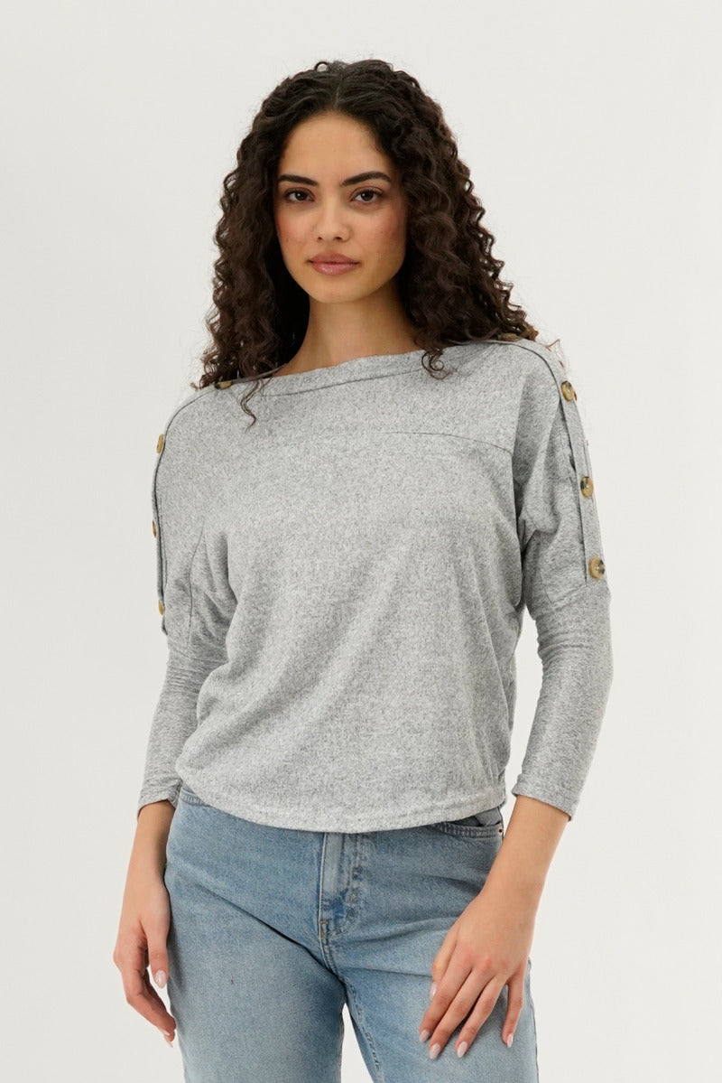 International INC Company Boat Neck Shoulder Button Pullover Sweater - Grey - Womens Pullover Sweaters - Fairweather