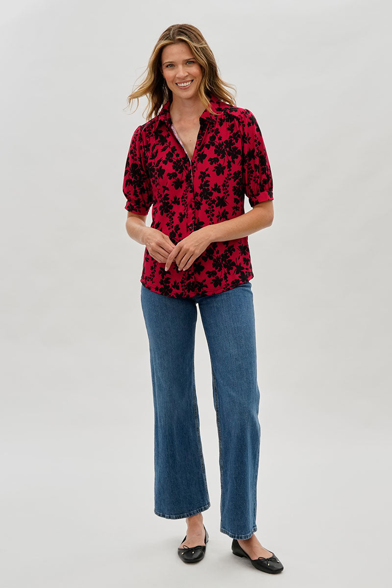 Beechers Brook Floral Puff Sleeve Button Down Blouse - Red - Womens Shirts & Blouses - Fairweather