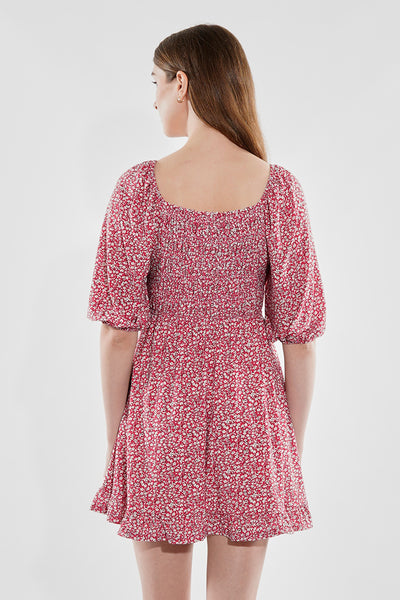 Beechers Brook Floral Puff Sleeve Smocked Day Dress - Pink