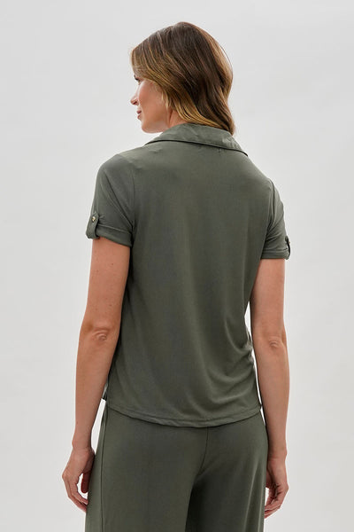 Costa Blanca Short Sleeve Split Neck Blouse - Olive - Womens Shirts & Blouses - Fairweather