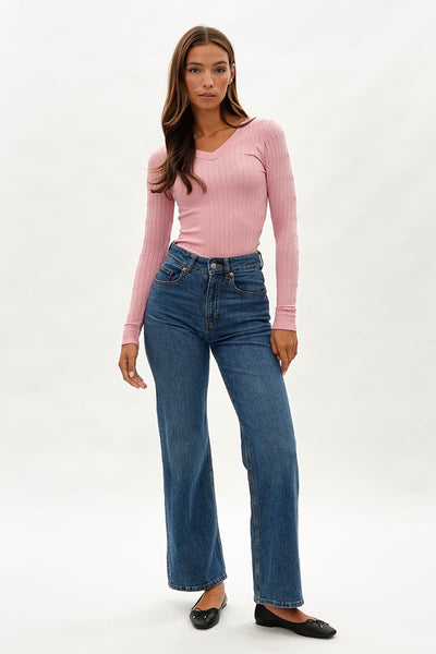 International INC Company Ribbed V-Neck Long Sleeve Top - Pink - Womens Long Sleeve Tops - Fairweather