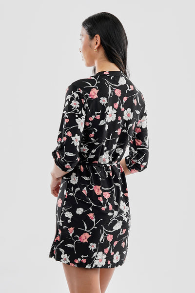 International INC Company Floral Tie Waist Half Zip Day Dress - Black - Womens Day Dresses - Fairweather