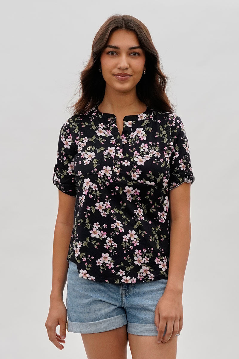 International INC Company Floral Short Sleeve Blouse - Black - Womens Shirts & Blouses - Fairweather