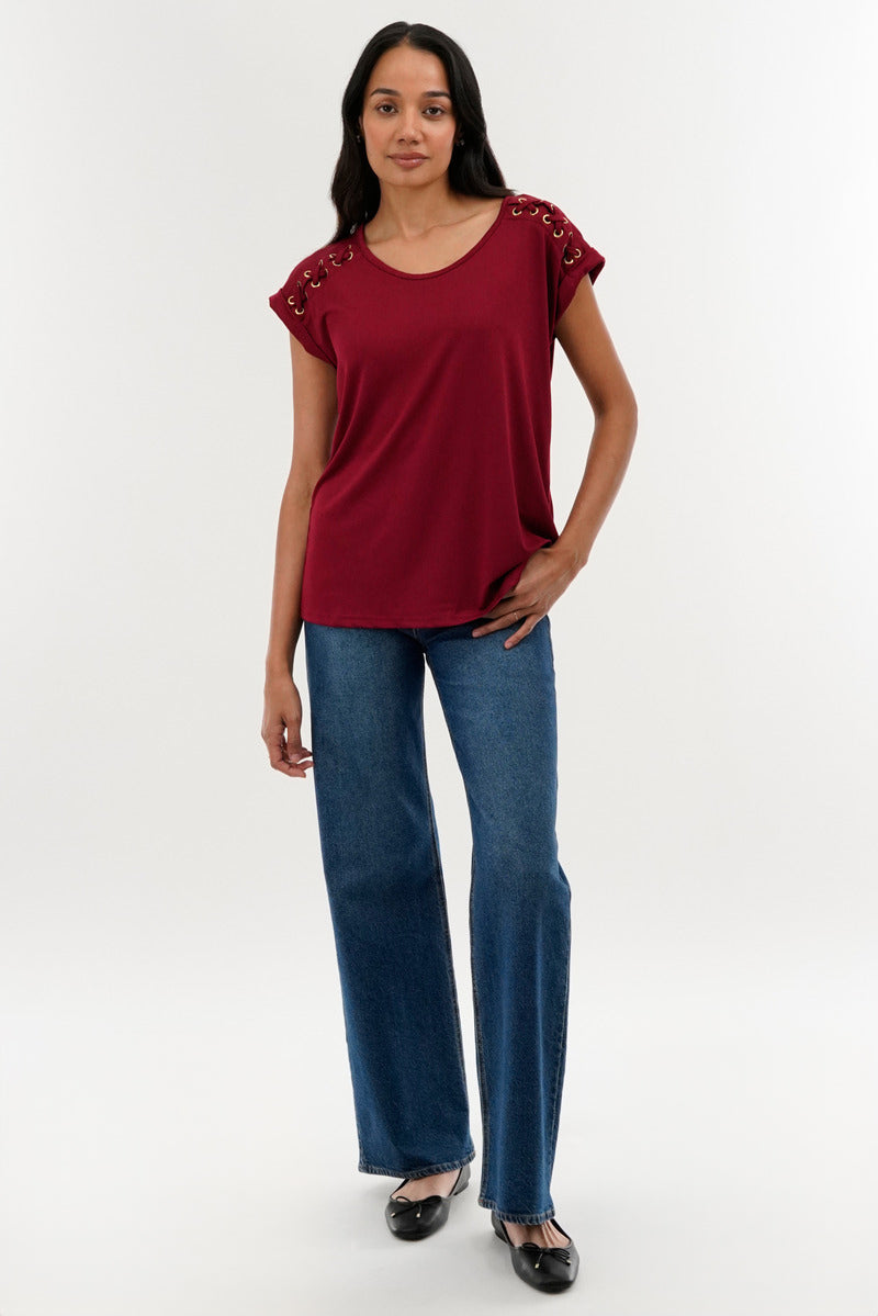 International INC Company Shoulder Lace Up Tee - Burgundy - Womens Tees & Tank Tops - Fairweather