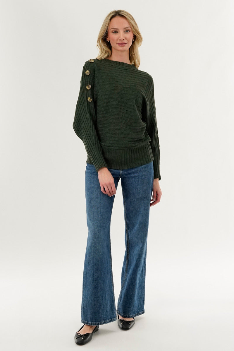 International INC Company Ribbed Button Detail Pullover Sweater - Olive - Womens Pullover Sweaters - Fairweather