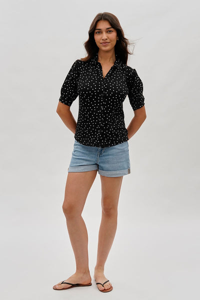 International INC Company Polka Dot Puffer Sleeve Blouse - Black - Womens Shirts & Blouses - Fairweather