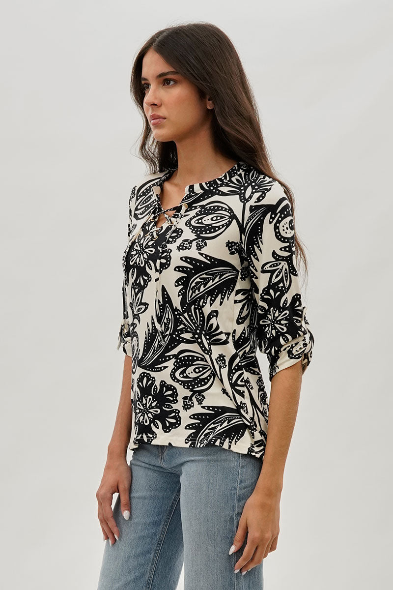 International INC Company Floral Lace Up Blouse - Black - Womens Shirts & Blouses - Fairweather