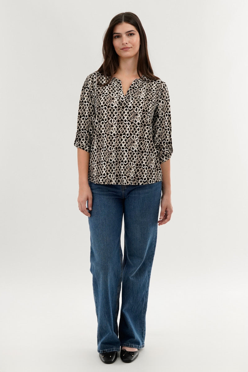 Beechers Brook Patterned Split Neck Blouse - Black - Womens Shirts & Blouses - Fairweather
