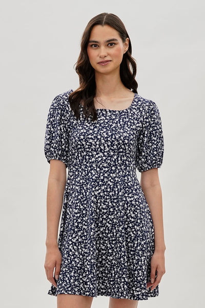 Costa Blanca Floral Puff Sleeve Day Dress Navy