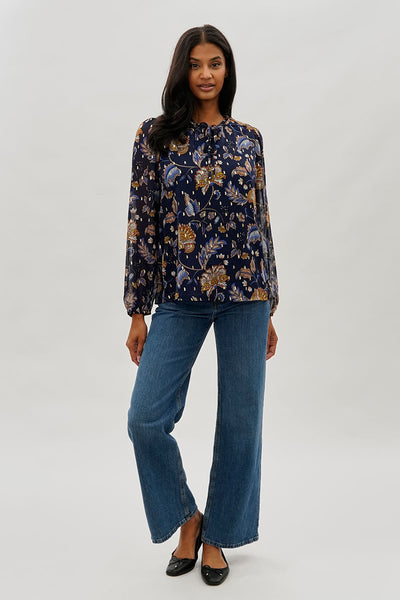 Beechers Brook Floral Tie-Neck Long Sleeve Blouse - Navy - Womens Shirts & Blouses - Fairweather