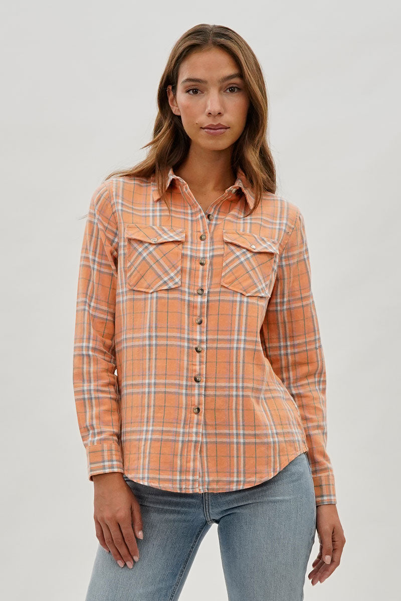 Canada Weather Gear Plaid Button Up Shirt - Peach - Womens Shirts & Blouses - Fairweather