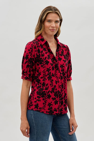 Beechers Brook Floral Puff Sleeve Button Down Blouse - Red - Womens Shirts & Blouses - Fairweather