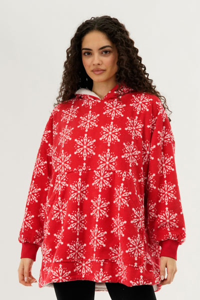 Canada Weather Gear Festive Print Oversided Hooded Pajama Top - Red - Womens Pajamas - Fairweather