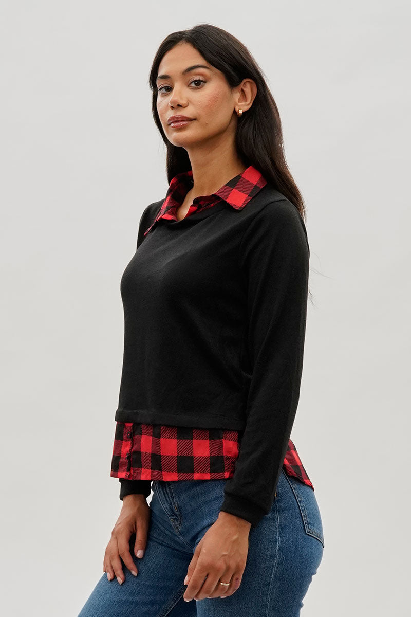 International INC Company Plaid Collared Pullover Sweater - Black - Womens Pullover Sweaters - Fairweather