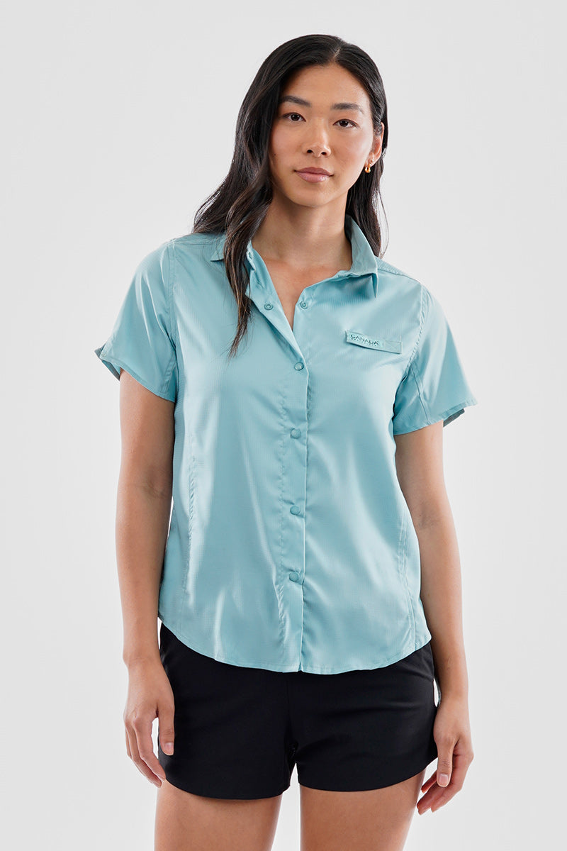 Canada Weather Gear Solid Short Sleeve Button Up Shirt - Aqua - Womens Shirts & Blouses - Fairweather