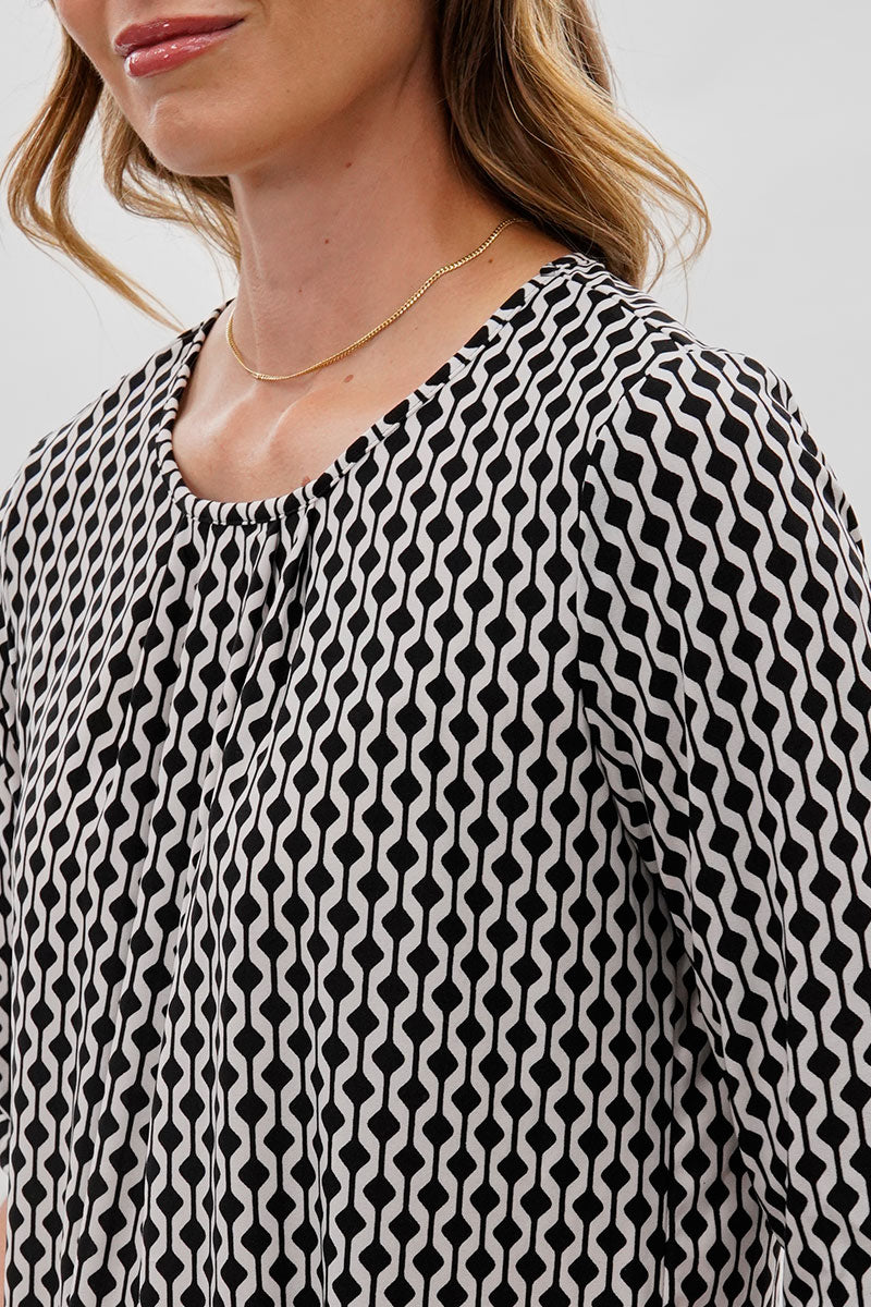 Beechers Brook Patterned Roll Up Sleeve Blouse - White - Womens Shirts & Blouses - Fairweather