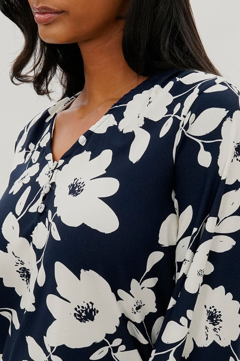 Beechers Brook Floral Henley Blouse - Navy - Womens Shirts & Blouses - Fairweather