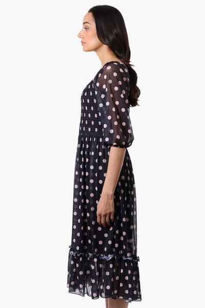 Costa Blanca Polka Dot Tiered Sheer Sleeve Midi Dress - Navy - Womens Midi Dresses - Fairweather