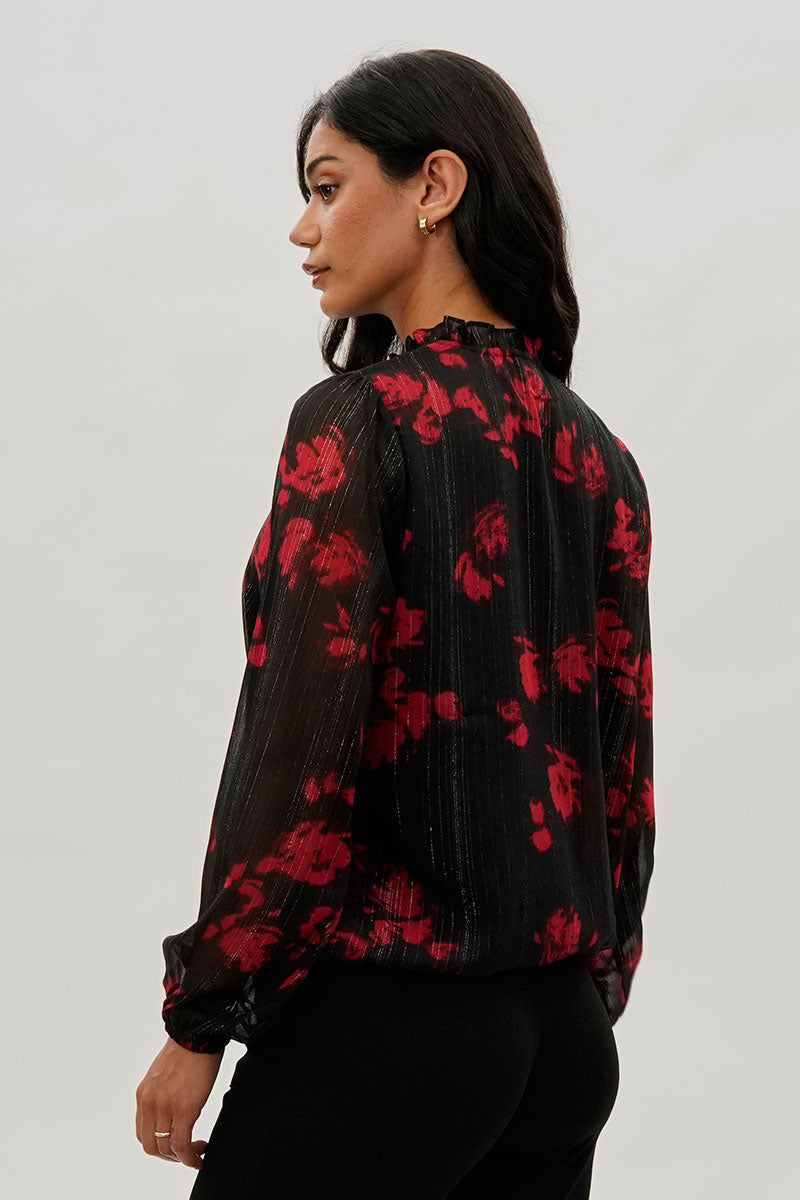 Costa Blanca Floral Sheer Sleeve Blouse - Black - Womens Shirts & Blouses - Fairweather