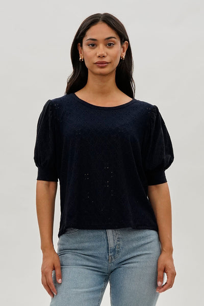 Beechers Brook Eyelet Detail Puff Sleeve Blouse - Navy - Womens Shirts & Blouses - Fairweather