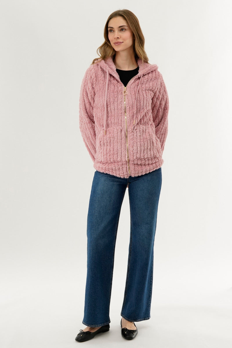 Fahrenheit Plush Hooded Zip Up Lightweight Jacket - Pink
