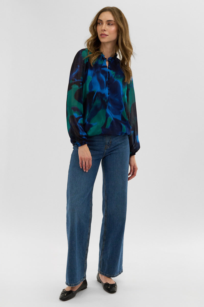 Costa Blanca Patterned Sheer Sleeve Blouse - Navy - Womens Shirts & Blouses - Fairweather
