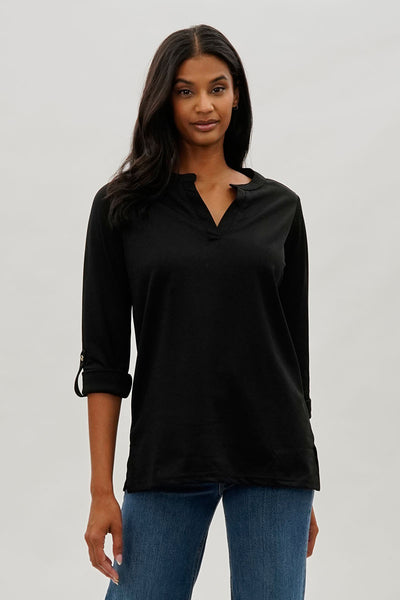 Costa Blanca Split Neck Roll Up Sleeve Blouse - Black - Womens Shirts & Blouses - Fairweather