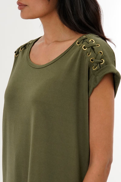 International INC Company Shoulder Lace Up Tee - Olive - Womens Tees & Tank Tops - Fairweather