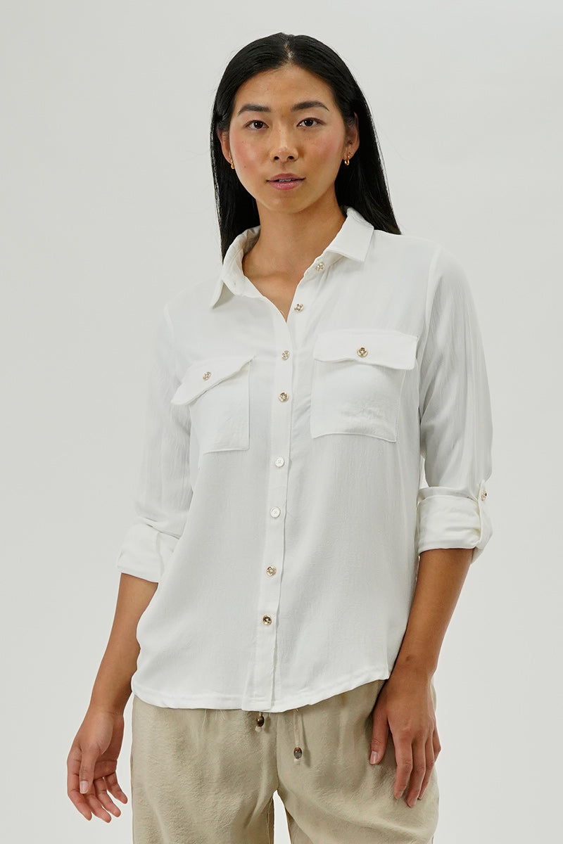 International INC Company Button Down Utility Pocket Blouse - White