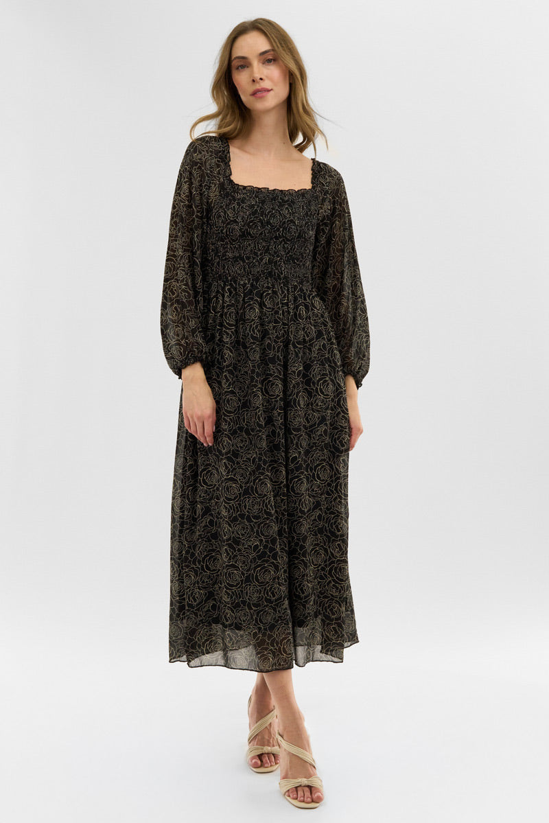 Costa Blanca Floral Long Sleeve Smocked Maxi Dress - Black - Womens Maxi Dresses - Fairweather