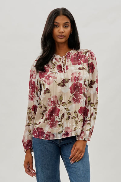 Beechers Brook Floral Tie-Neck Long Sleeve Blouse - Beige - Womens Shirts & Blouses - Fairweather