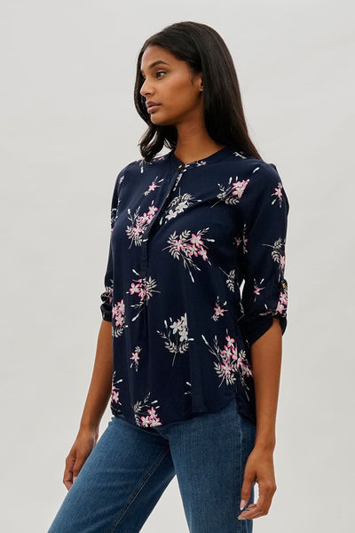 International INC Company Floral Roll Up Sleeve Blouse - Navy - Womens Shirts & Blouses - Fairweather