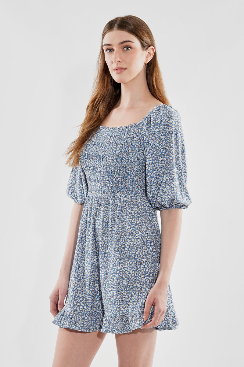 Beechers Brook Floral Puff Sleeve Smocked Day Dress - Blue
