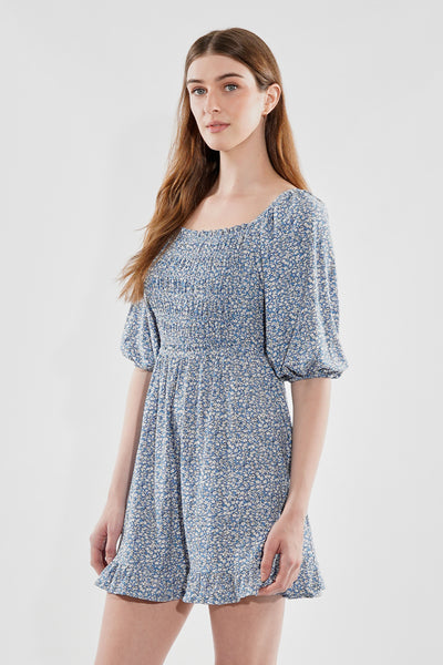 Beechers Brook Floral Puff Sleeve Smocked Day Dress - Blue