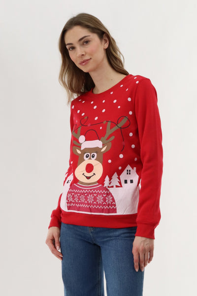 Festive Reindeer Christmas Sweater - Red - Womens Christmas Sweaters - Fairweather