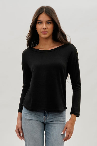 International INC Company Boat Neck Button Detail Pullover Sweater - Black - Womens Pullover Sweaters - Fairweather