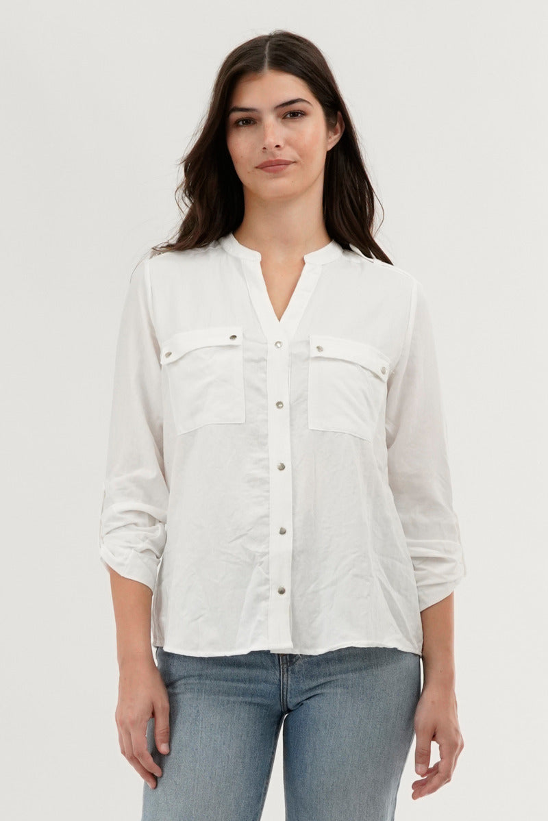 Runaway Bay Roll Up Sleeve Utility Pocket Blouse - White - Womens Shirts & Blouses - Fairweather