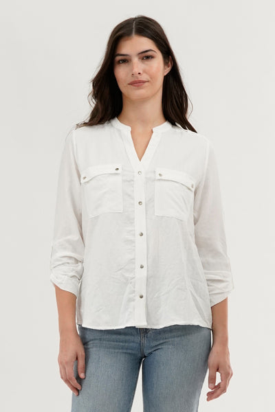 Runaway Bay Roll Up Sleeve Utility Pocket Blouse - White - Womens Shirts & Blouses - Fairweather