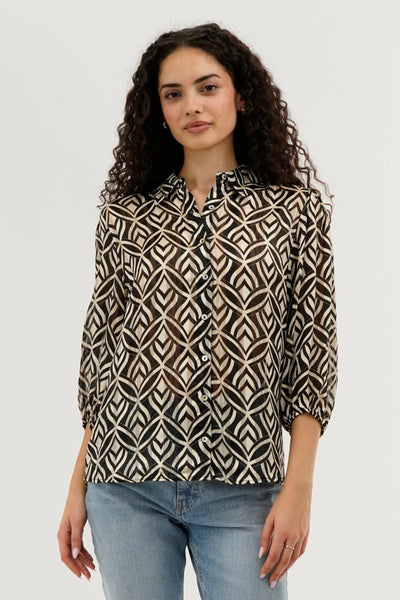 Costa Blanca Patterned Sheer Button Down Blouse - Cream - Womens Shirts & Blouses - Fairweather