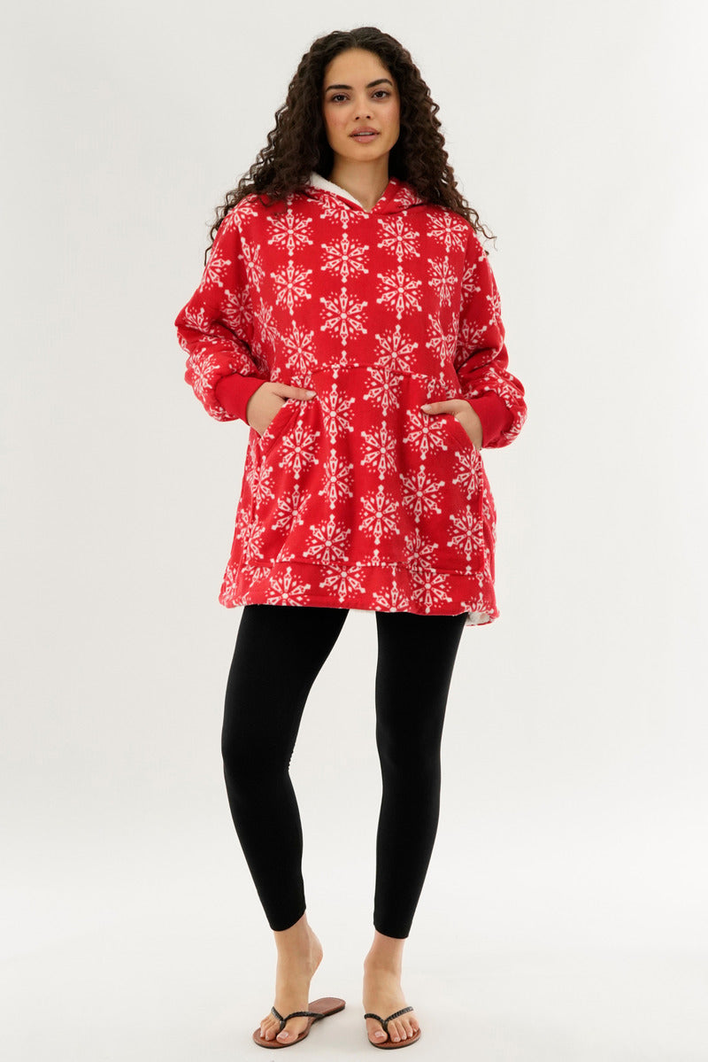 Canada Weather Gear Festive Print Oversided Hooded Pajama Top - Red - Womens Pajamas - Fairweather
