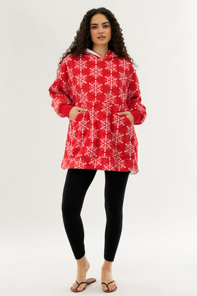 Canada Weather Gear Festive Print Oversided Hooded Pajama Top - Red - Womens Pajamas - Fairweather